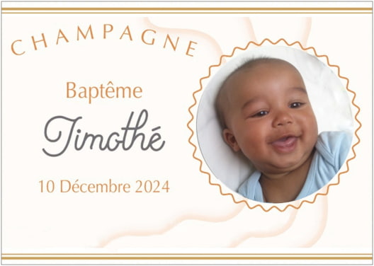 Etiquette personnalis&eacute;e champagne avec photo pour un cadeau de naissance ou un bapt&ecirc;me