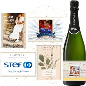 Champagne personnalis&eacute; avec &eacute;tiquette pour anniversaire, mariage ou cadeau client
