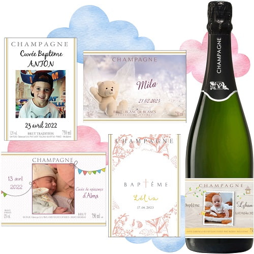 Etiquette personnalis&eacute;e champagne pour une naissance ou un bapt&ecirc;me