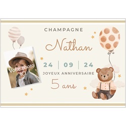 Champagne personnalis� avec photo, nounours et ballon pour anniversaire enfant