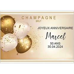 champagne personnalis� pour anniversaire avec ballons dor�s