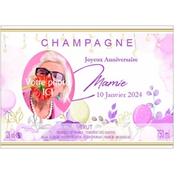 etiquette avec photo et design violet pour anniversaire