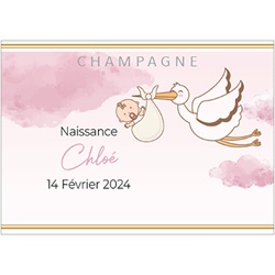 champagne pour naissance avec �tiquette personnalis�e cigogne rose 