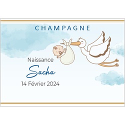 champagne pour naissance avec �tiquette personnalis�e cigogne bleu
