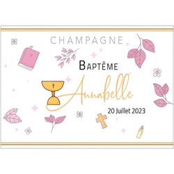 �tiquette de champagne personnalis�e pour communion avec calice design rose