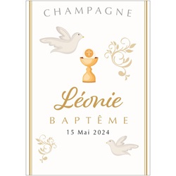 �tiquette de champagne personnalis�e pour communion verticale avec colombes et calice
