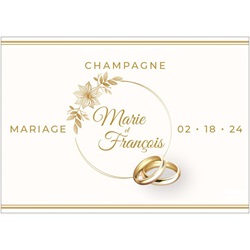 �tiquette personnalis�e pour mariage avec couronne de fleurs et alliances