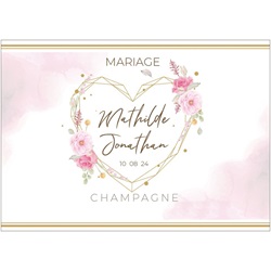 �tiquette pour mariage avec cadre fleuri en forme de coeur rose