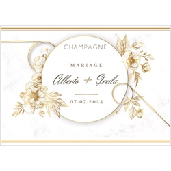 �tiquette pour champagne avec couronne de mariage fleurie dor�e