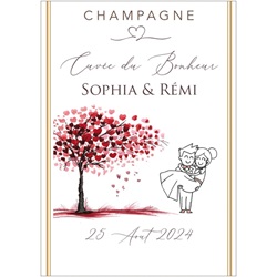 �tiquette personnalis�e de champagne pour mariage avec arbre de coeurs et mari�s