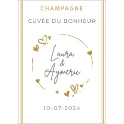 �tiquette personnalis�e de champagne pour mariage avec couronne de coeurs
