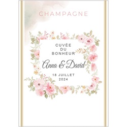 �tiquette de champagne pour mariage avec cadre fleuri rose
