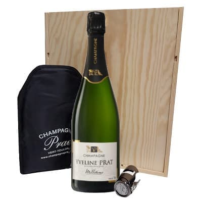 Coffret en bois avec bouteille de champagne bouchon et rafraichisseur 