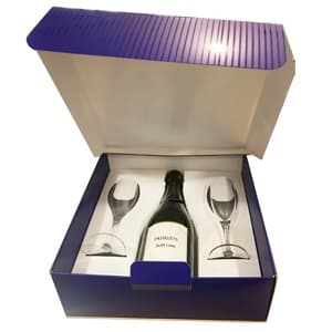 Beau coffret cadeau champagne pour 2 flutes et 1 bouteille. Intérieur du coffret